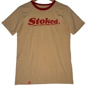 Dutch Bros Stoked Ringer Tshirt sz XS Tan Red Coffee Casual Oregon Retro